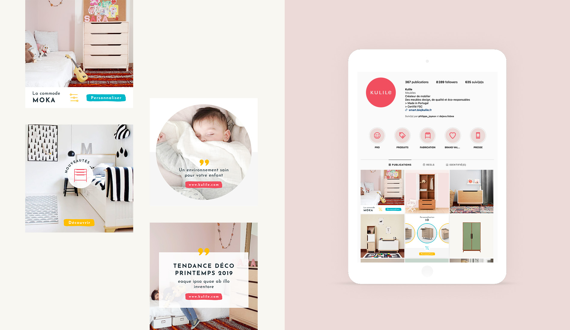 Branding - design digital - design graphique - réseaux sociaux - template instagram Kulile -Rebranding d'une marque de mobilier pour enfants - Li-Nó